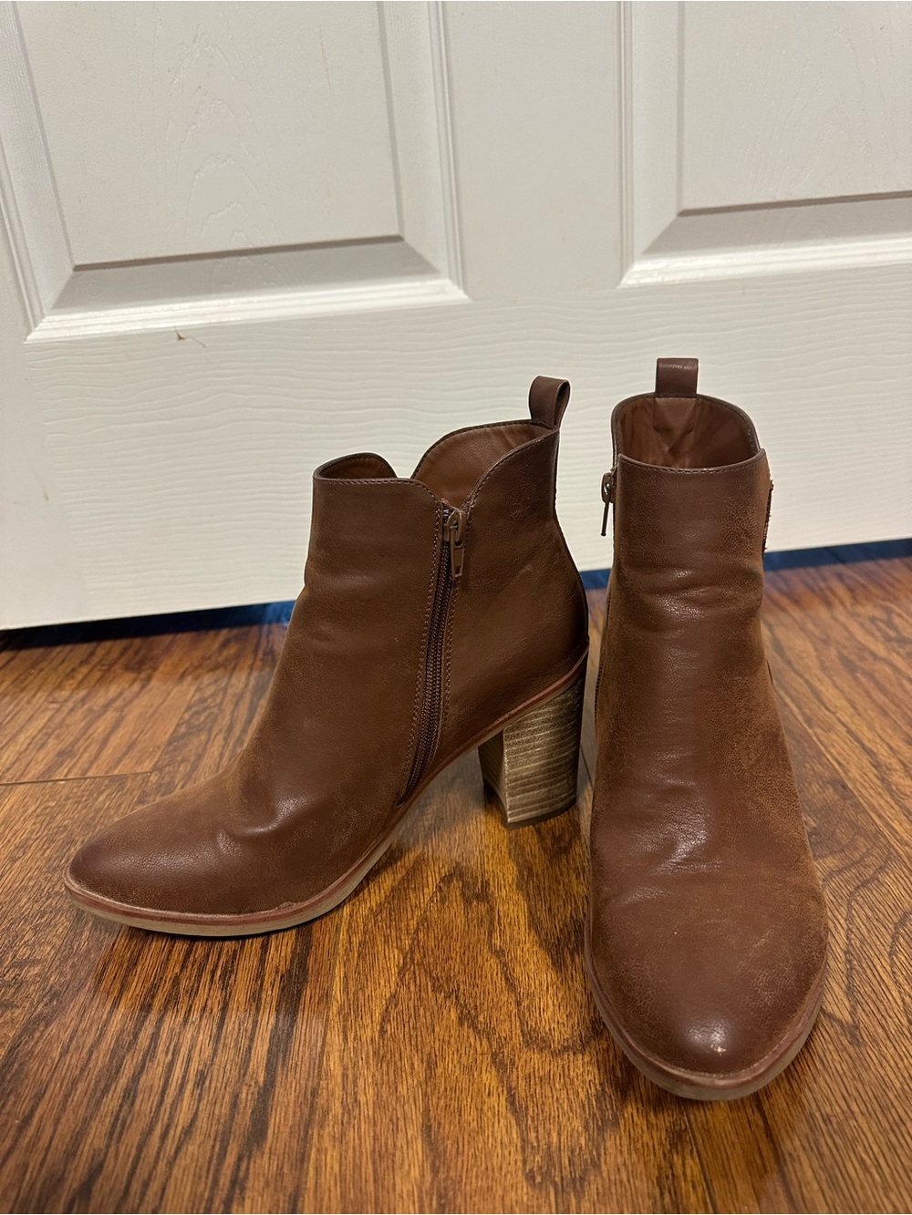 MIA Brown Leather Stacked Heel Ankle Boots